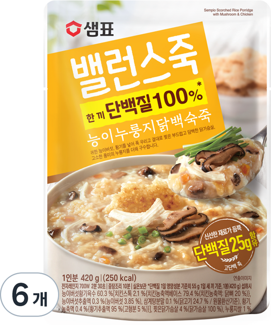 샘표 밸런스죽 능이누룽지닭백숙죽, 420g, 6개