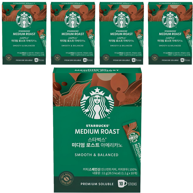 스타벅스 미디엄 로스트 아메리카노 스틱 원두커피믹스, 1.1g, 10개입, 5개