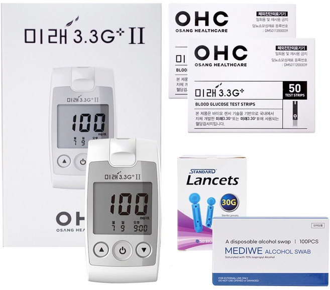 오상헬스케어 미래 3.3G 플러스 혈당측정기 + 시험지100매 + 침 110 + 솜 100매 세트, 1세트