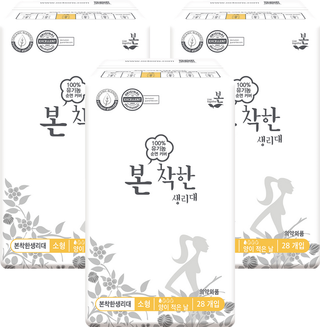 유기농본 착한 생리대 날개형, 소형, 28개입, 3개