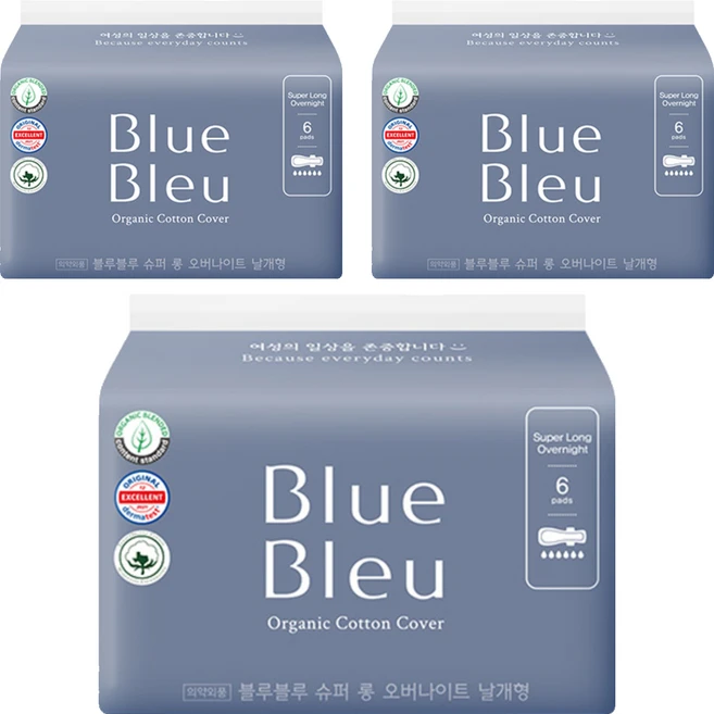 블루블루 유기농 순면커버 오버나이트 생리대 날개형, 슈퍼롱, 6개입, 3개 - 쿠팡