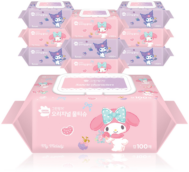 그린핑거 산리오 캐릭터즈 오리지널 물티슈 캡형, 260g, 100매, 10개