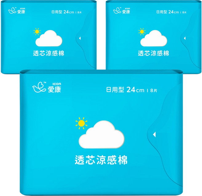icon 愛康 透芯涼感衛生棉, 日用型(24cm), 8片, 3包