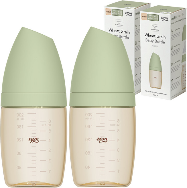 티지엠 유아용 PPSU 밀알 젖병, 모스그린, 200ml, 2개