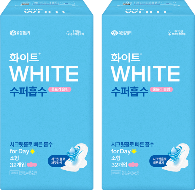 화이트 수퍼흡수 생리대 날개형, 소형, 32개입, 2개