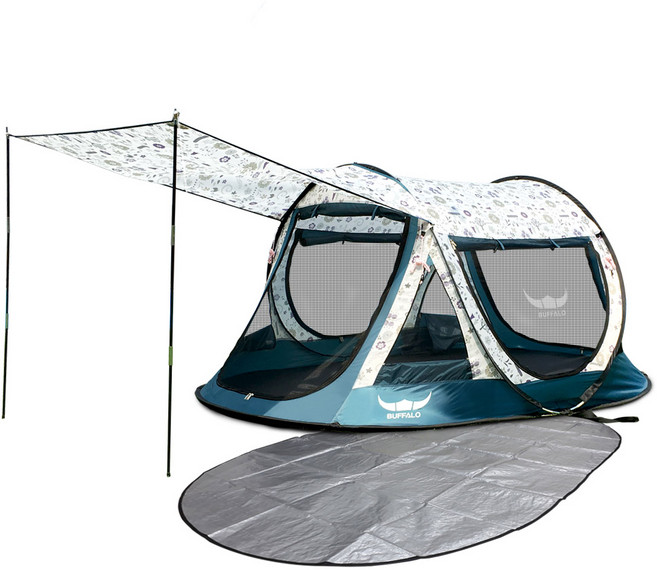 버팔로 유니크 프리미엄 원터치 텐트+ 익스텐션 캐노피 + 전용 그라운드 시트 세트, 블루, 5인용