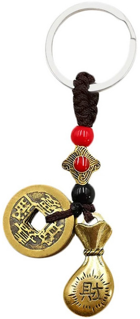 招財五帝錢鑰匙圈, 財福錢袋 金色 + 紅色, 1個