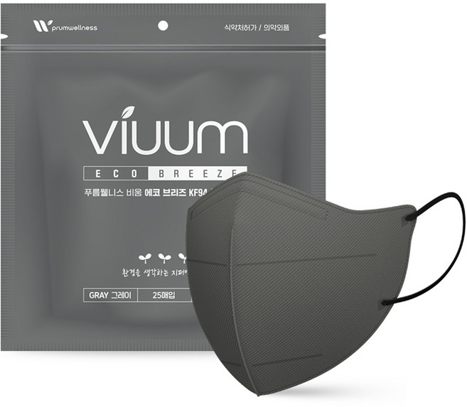 viuum 에코 브리즈 새부리형 마스크 대형 KF94, 25개입, 1개, 그레이