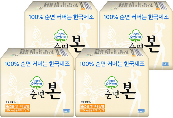 순면본 생리대 울트라 날개형, 중형, 16개입, 4개
