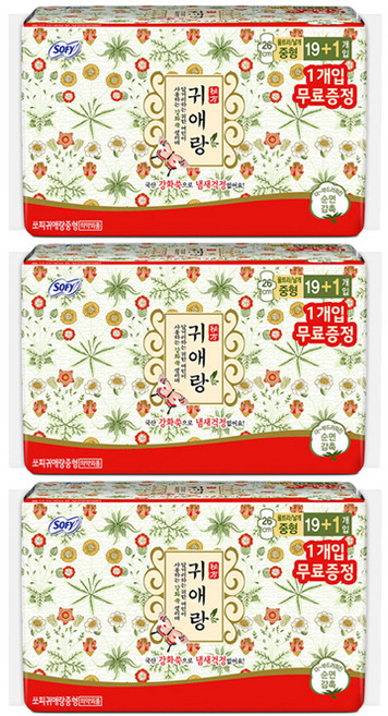 쏘피 귀애랑 생리대 날개형, 중형, 20개입, 3개