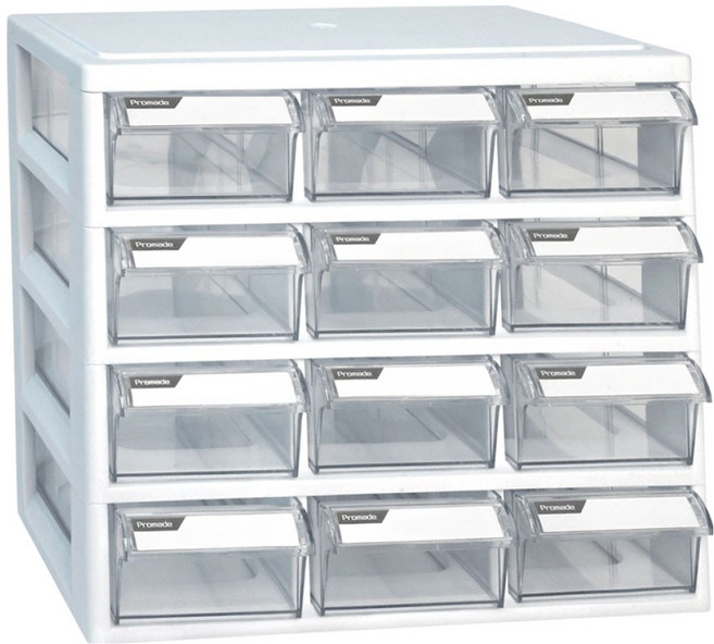 프로메이드 다용도 수납함 12칸 고정, 4단, 화이트 + 투명