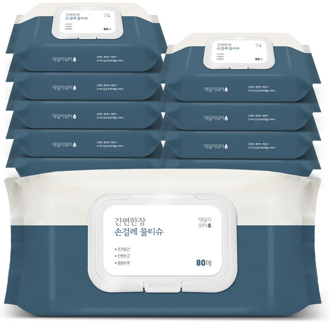 데일리워터 간편한장 손걸레 물티슈 캡형 80매, 10개