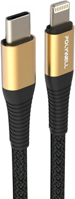 POLYWELL 寶利威爾 Type-C Lightning 蘋果PD快充編織線 iPhone PW15-W45-A288, 2m, 金色, 1條