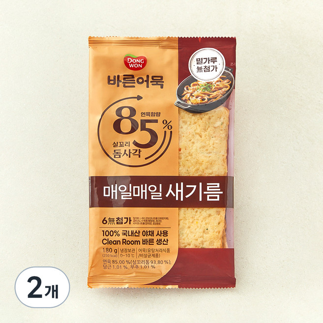 바른어묵 85% 실꼬리돔사각 어묵, 180g, 2개