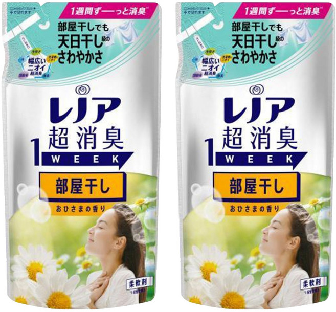 Lenor 蘭諾 日本原裝進口 1WEEK 超強除臭衣物柔軟精補充包 室內晾曬 太陽香, 380ml, 2包
