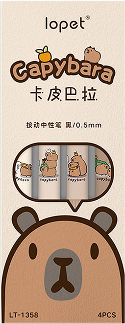 lopet 樂派 Capybara卡皮巴拉按動中性筆 0.5mm 4支, 多色, 1盒