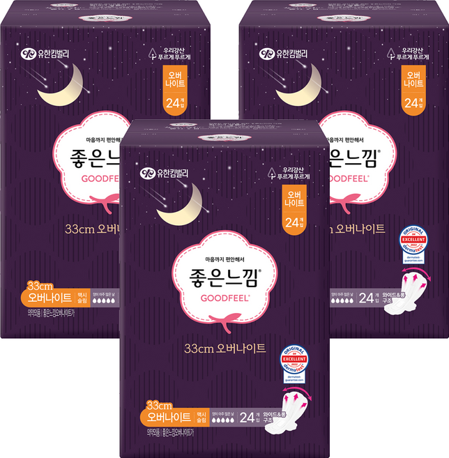 좋은느낌 오리지널 생리대 패드형, 오버나이트, 24개입, 3개