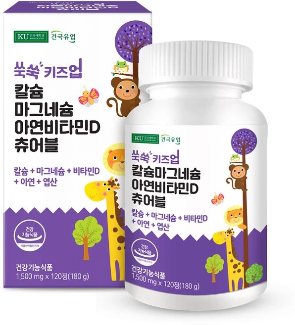 건국유업 유아용 쑥쑥 키즈업 칼슘 마그네슘 아연 비타민D 츄어블 180g, 120정, 1개 - 쿠팡