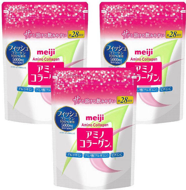 meiji 明治 台灣公司貨 Amino Collagen 氨基膠原蛋白 膠原蛋白粉 28日份, 196g, 3包