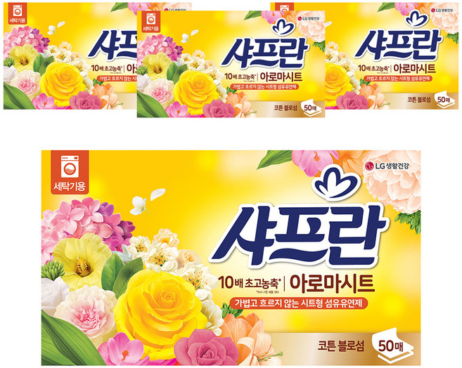 샤프란 아로마 시트 섬유유연제 코튼블로섬 본품, 50개입, 4개