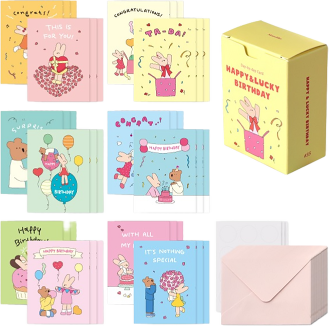 Monolike Day by Day 卡片36入 + 信封36入 + 貼紙36入組 Happy and Lucky Birthday, 36個裝, 多色