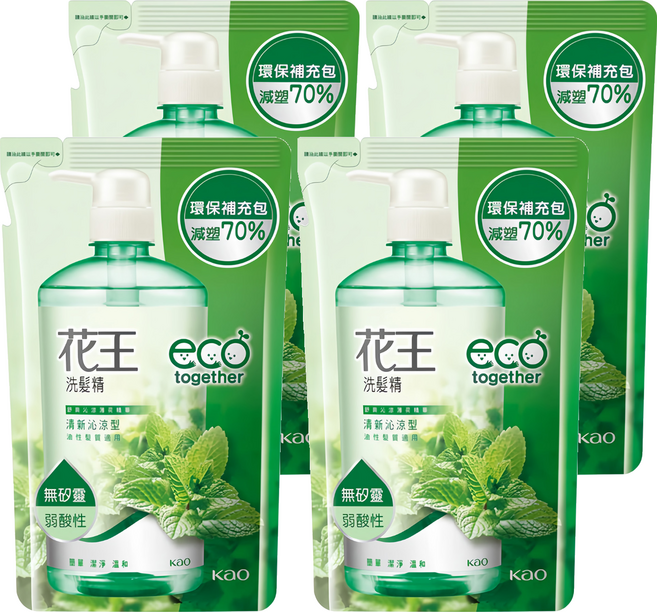 Kao 花王 洗髮精 清新沁涼型 補充包 550ml 油性髮質適用 無矽靈 弱酸性, 4包