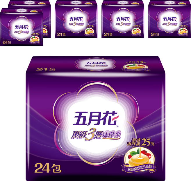 五月花 頂級蓬厚柔抽取衛生紙 3層 玫瑰果油, 24包, 6袋