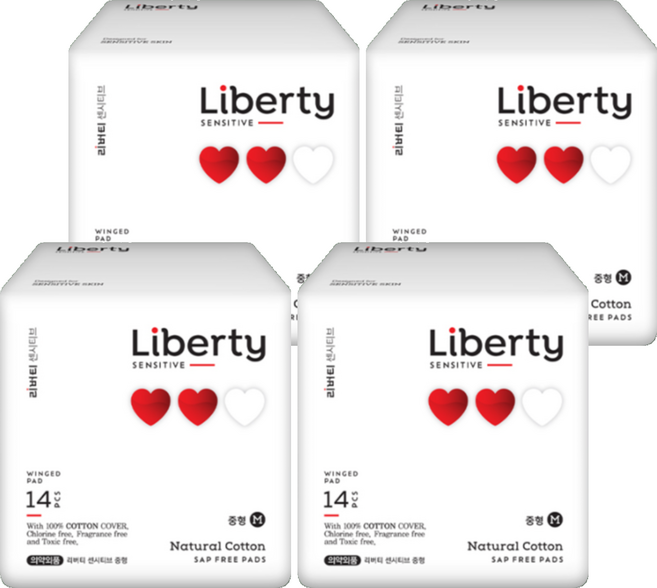 리버티 무샙 순면커버 센시티브 생리대, 중형, 14개입, 4개