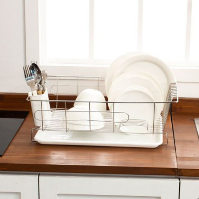 에스파스 쟁반 +수저통 사각식기건조대, 1세트, 화이트, 1단