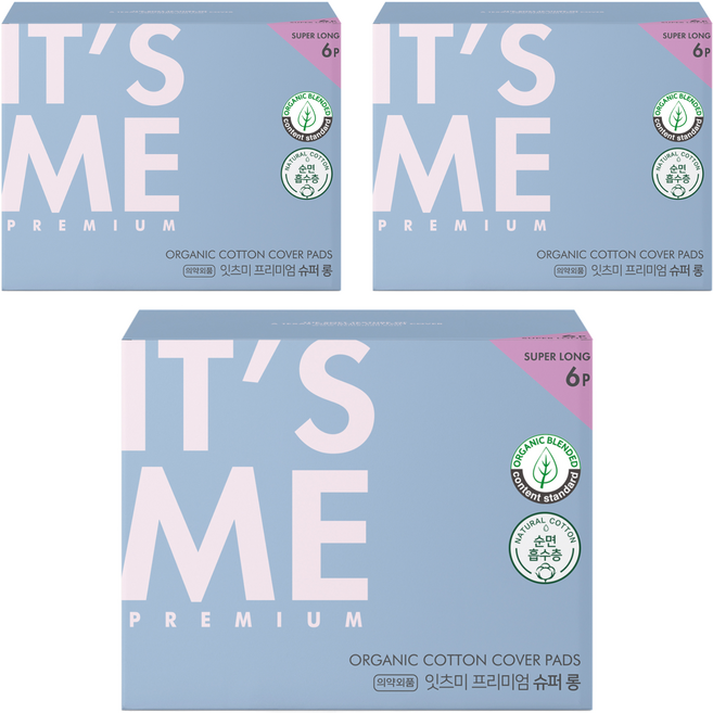 잇츠미 프리미엄 유기농 순면커버 생리대 슈퍼롱 날개형, 오버나이트 이상, 6개입, 3개