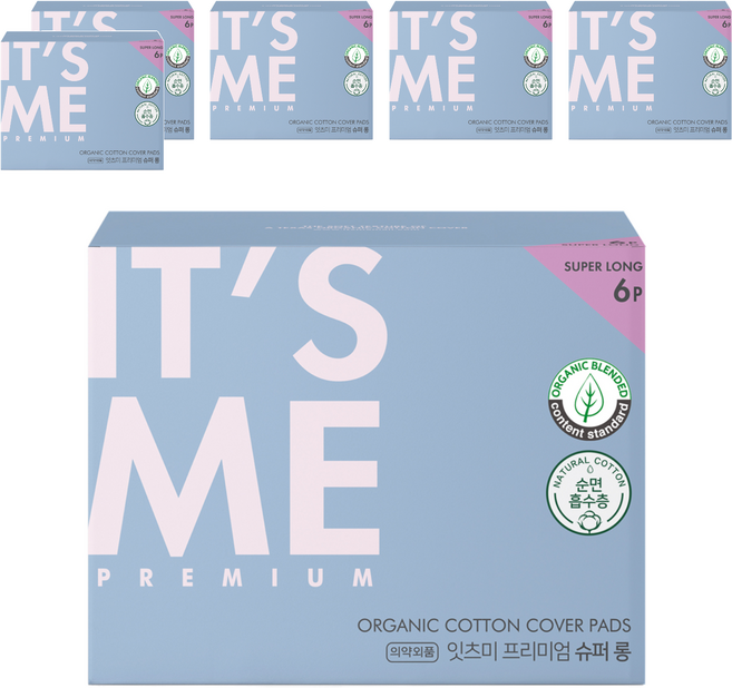 잇츠미 프리미엄 유기농 순면커버 생리대 슈퍼롱 날개형, 오버나이트 이상, 6개입, 6개
