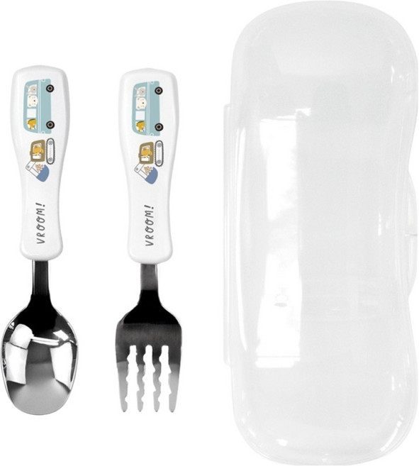 키친유 유아용 부릉 꼬마 스텐 스푼 + 포크 + 케이스 세트, 1세트, 화이트