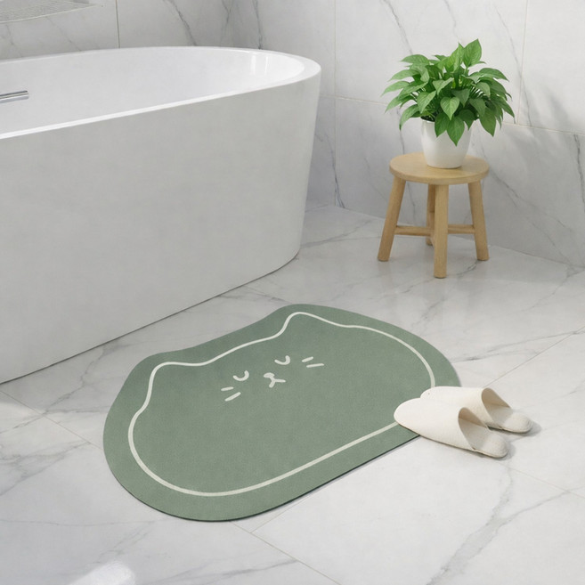 MF스토어 귀여운 빨아쓰는 깨지지 않는 두꺼운 캣츠 규조토 발매트, 카키