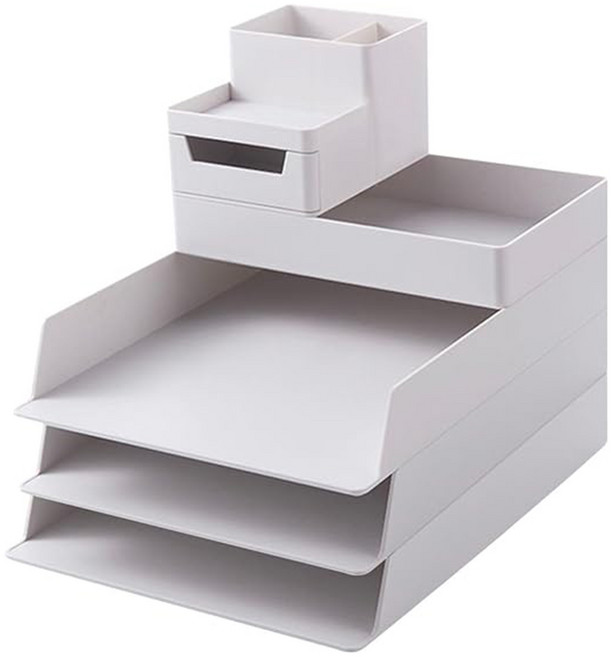 FAmILyLIFE 生活 桌面抽屜式多功能自由堆疊文件文具收納盒 5件組, 米白色, 4層