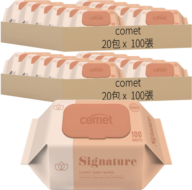 comet Baby Wipes Signature 壓紋寶寶濕紙巾 掀蓋式 加厚型, 55g, 100張, 40包