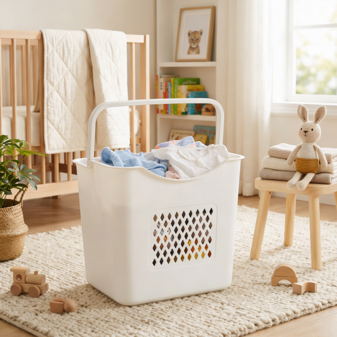 엠비코 손잡이가 편한 모던 루비패턴 빨래바구니, 화이트