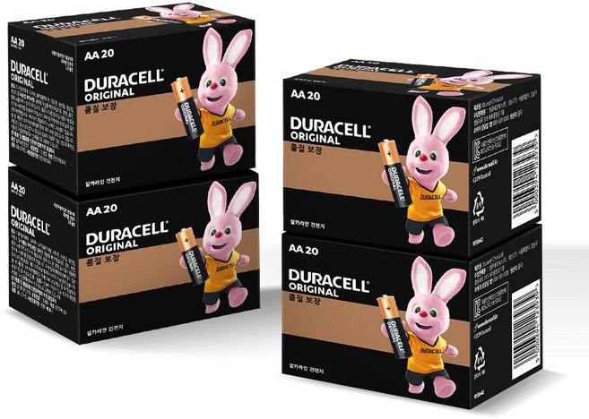 듀라셀 오리지널 알카라인 건전지 AA 보관박스팩, 20개입, 4개