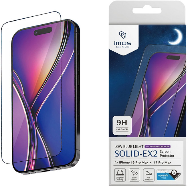 imos SOLID-EX2 螢幕保護貼 2.5D 玻璃貼 iPhone 16 Pro Max/17 Pro Max 9H 低反光 AR低藍光 CPF60 1個