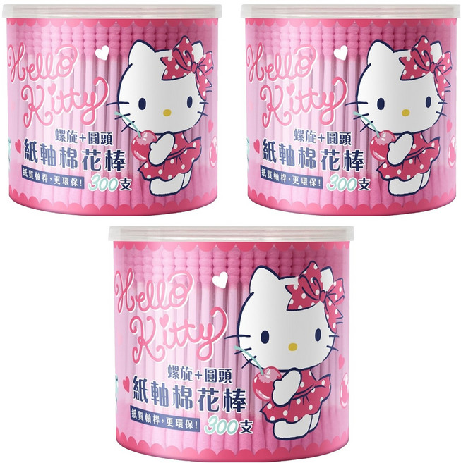 Hello Kitty 凱蒂貓 螺旋 + 圓頭紙軸棉花棒, 300支, 3罐