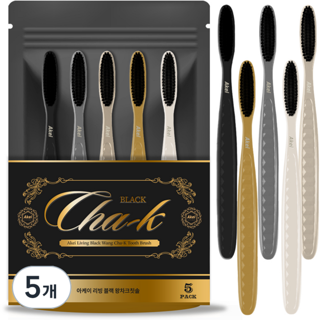 아케이 리빙 블랙 왕차크 칫솔, 5개입, 5개