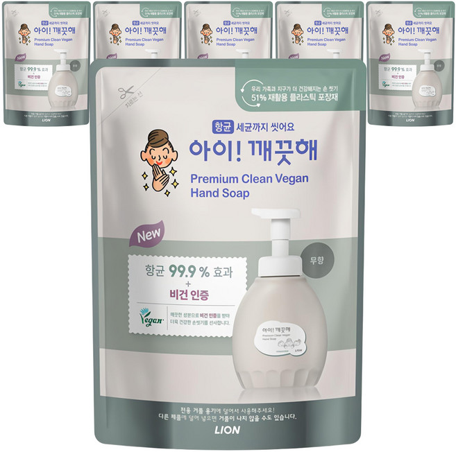 아이깨끗해 프리미엄 클린 비건 폼 핸드솝 무향 리필, 400ml, 6개