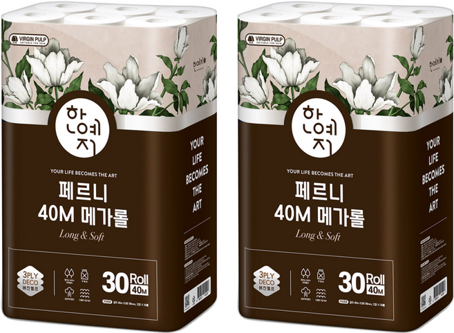 한예지 페르니 메가롤 3겹 천연펄프 화장지, 40m, 30롤, 2개