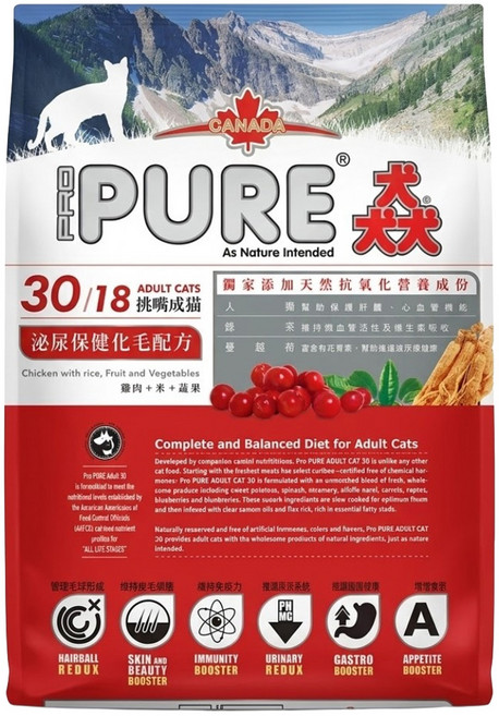 PRO PURE 猋 30/18 挑嘴成貓 泌尿保健化毛配方乾糧, 1袋, 7kg, 雞肉 + 米 + 蔬果