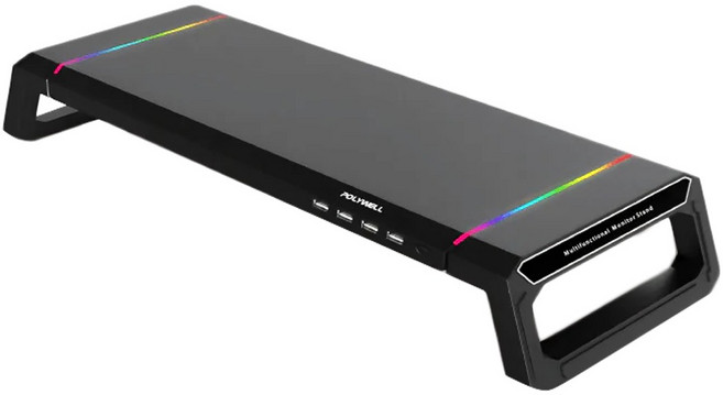 POLYWELL 寶利威爾 電競RGB多功能螢幕增高架 4埠USB3.0 收機支架 抽屜 10種燈效 折疊腳架 PW15-T65-0615, 黑色, 1個