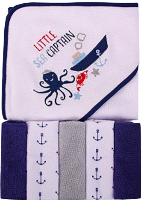 Luvable Friends 新生兒浴包巾 含5條小方巾 30x30 英吋 小海軍風, 海盜船貓 紫色, 1組