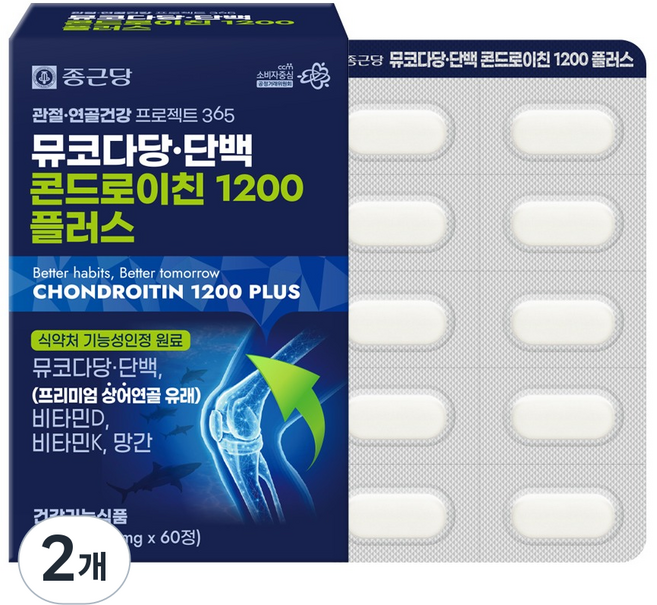 종근당 관절연골건강365 뮤코다당 단백 콘드로이친 플러스 1200 상어연골, 60정, 2개