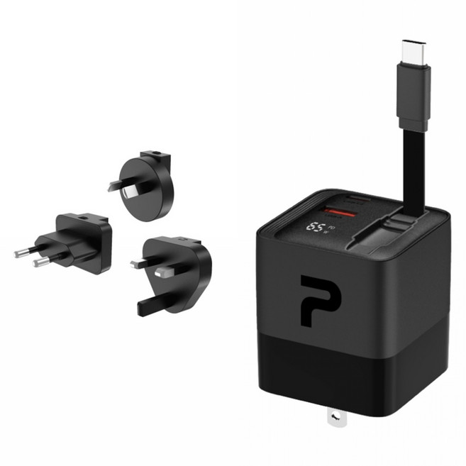 POLYWELL 寶利威爾 GaN氮化鎵即時數顯伸縮線快充頭 65W Type-C + USB-A 附多國轉接頭 PW15-T05-A136, 黑色, 1個
