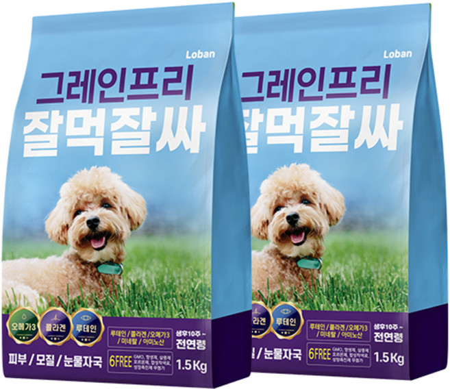 잘먹잘싸 6free 강아지 사료, 닭+연어, 1.5kg, 2개