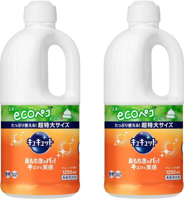 Kao 花王 Cucute 珂珂透 餐具洗碗精補充瓶 柑橘香, 1.25L, 2瓶
