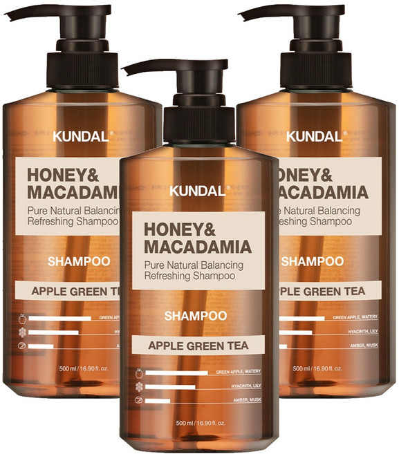 쿤달 허니 앤드 마카다미아 네이처 샴푸 애플그린티향, 500ml, 3개